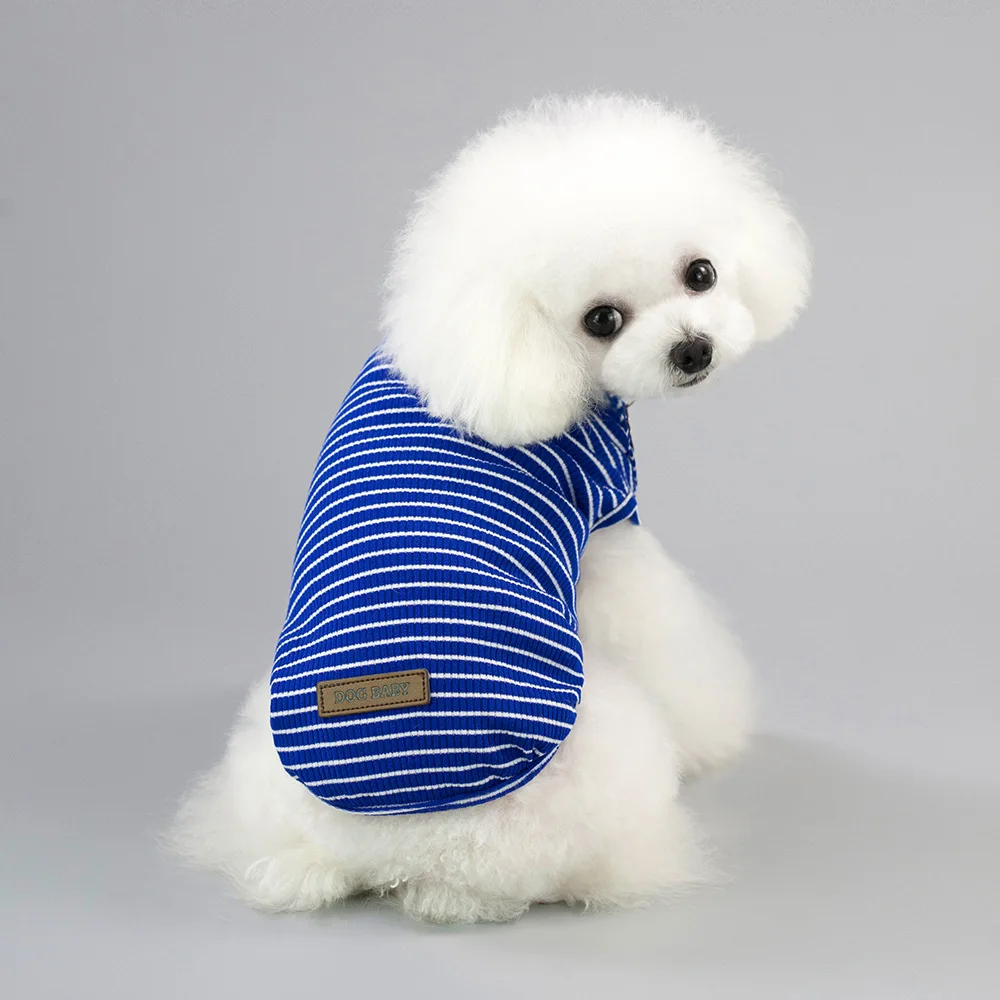 Хлопковая Чихуахуа летняя крутая полосатая жилетка для Собаки Одежда для маленьких Одежда для собак французская бульдог дышащая футболка с Мопсом - Цвет: Синий
