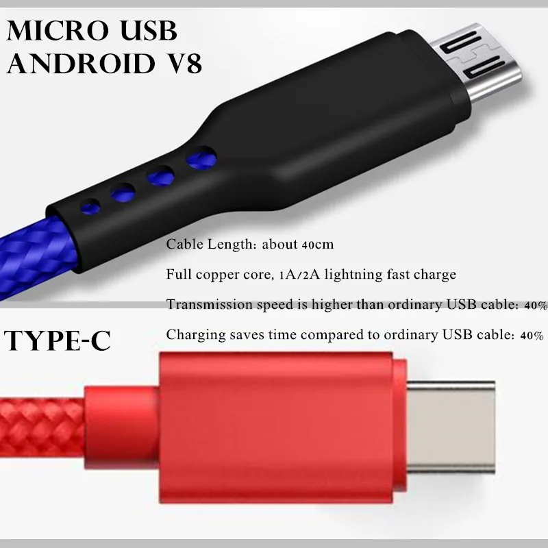 Кабель для передачи данных Micro USB Type C на Android V8 нейлоновый плетеный медный кабель с
