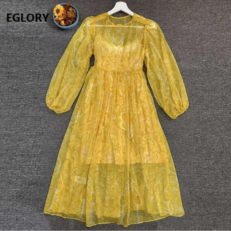 

High Quality Yellow Dress 2019 Summer Style Women O-Neck Vintage Print 3/4 Sleeve Mid-Calf Length Casual Party Swing Dress 2 Pc