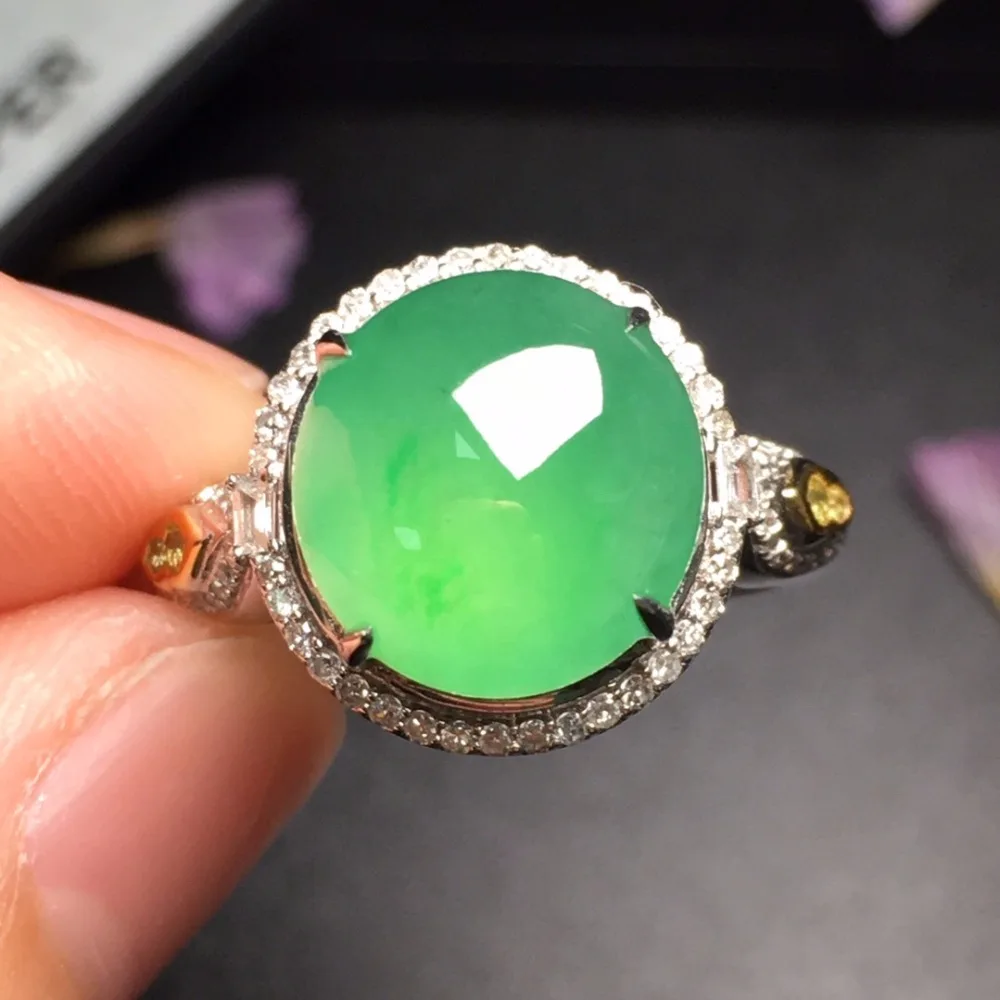 

18.10.6 Collection Real 18K White Gold AU750 100% Natural Green Jadi Jade Gemstone round Rings Burma Origin for Women Gift