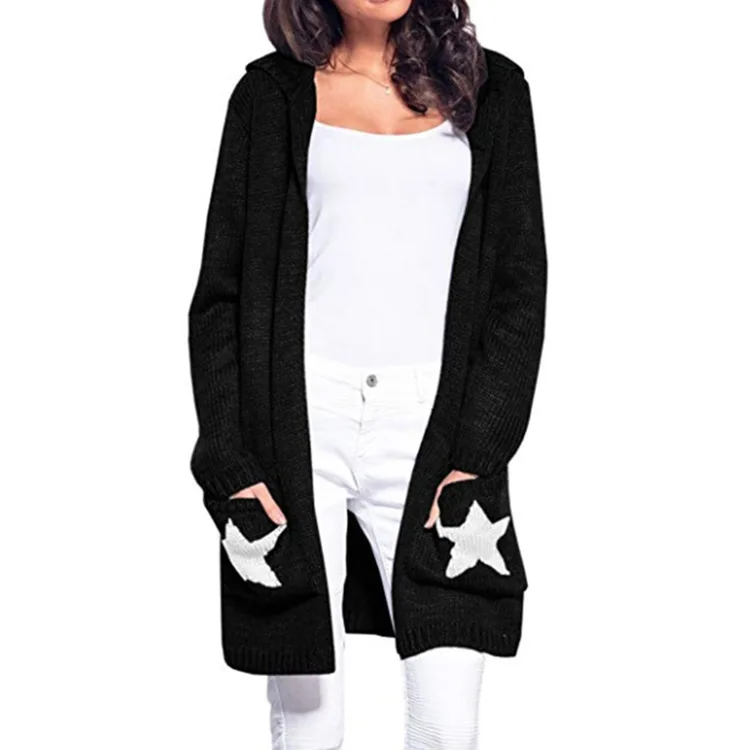 LOGAMI свитера с капюшоном пальто женские длинные звезды дизайн карманы кардиган свитера Новая мода - Цвет: Черный