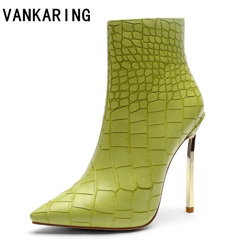 

VANKARING women shoes newest Imitation snake leather pointed toe super high heels strange style zip green shoes sexy ankle boots