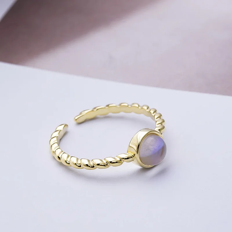 moonlight stone golden ring 100% Sterling 925 silver Jewelry Vintage Adjustable rings for women girl gift