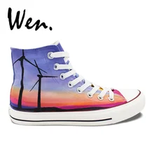 Вэнь дизайн пользовательские ручная роспись обувь ветряная мельница закат Мужские Женские высокие холщовые кроссовки подарки на день рождения