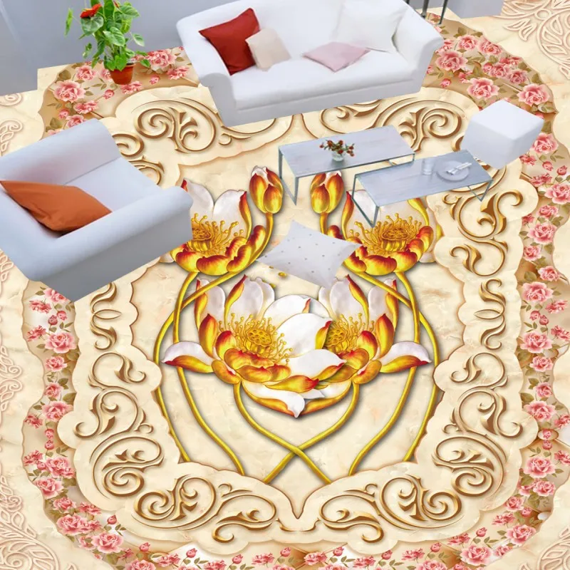 Free shipping custom floor home decoration self-adhesive mural baby room wallpaper Jade Roses Parquet 3D lotus flooring