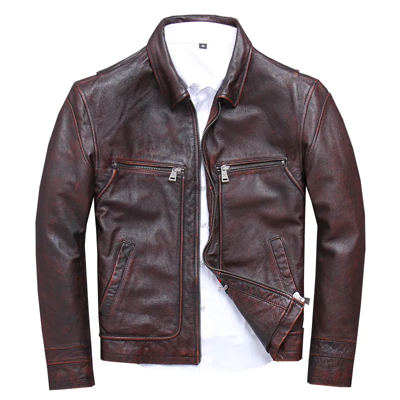 

HARLEY DAMSON Vintage Brown Men American Casual Style Leather Jacket Plus Size 5XL Genuine Cowhide Spring Natural Leather Coat