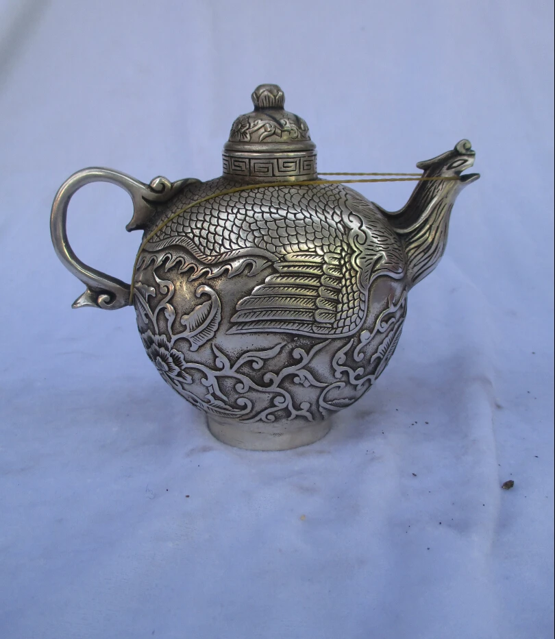 

Collectible Decorated Old Handwork Tibet Silver Carved Handle Teapot/Flagon Free shipping 00002