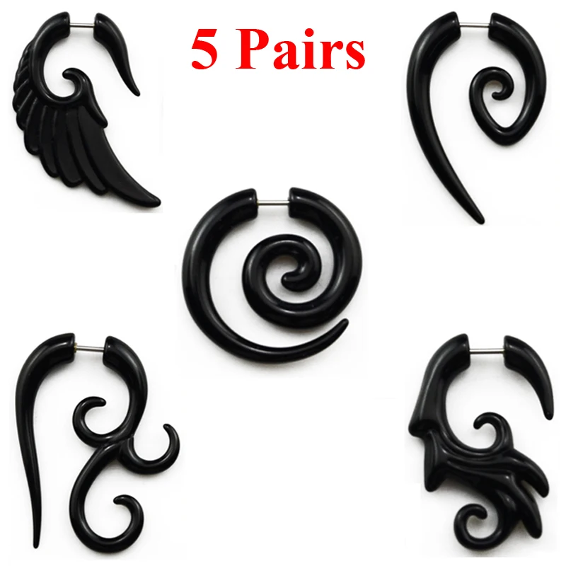 

5Pairs Black Acrylic Ear Spirals Fake Cheater Spiral Ear Taper Stretchers Guage Expander Plugs Piercing Earrings Body Jewelry
