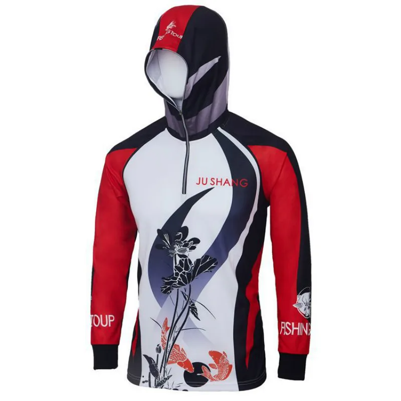 

Ultralight Polyester Long Sleeve Fishing Jersey Hooded Red Breathable Quick Dry Anti-UV Protection Fishing Shirt with Zipper