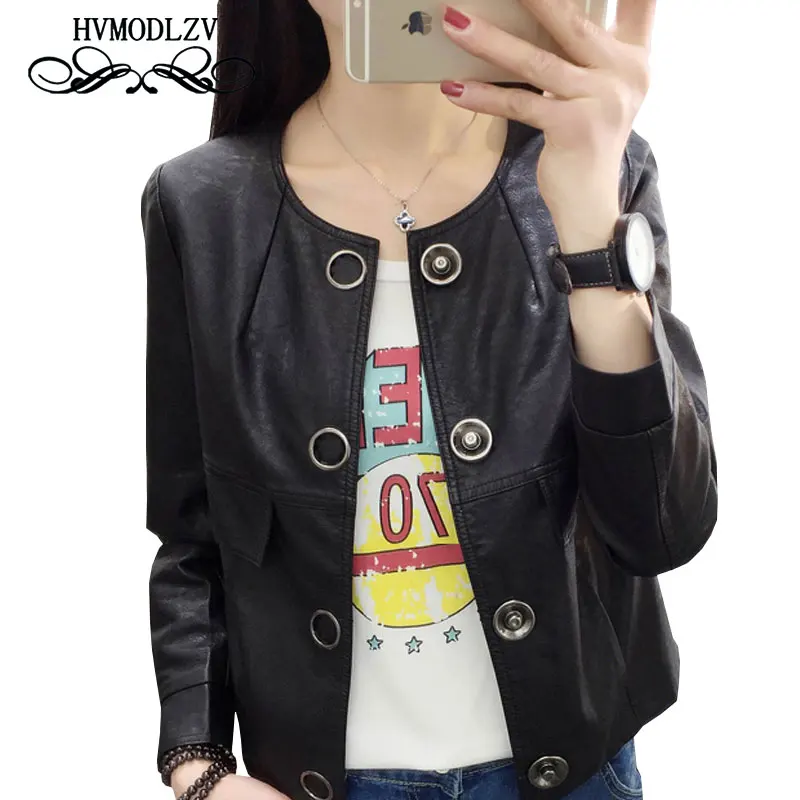 

2017 Women Leather Jacket Short Paragraph Washed Leather Jacket Button Round Neck Black Coat Women Were Thin Plus Casual ls174