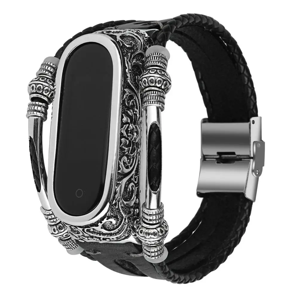

Replacement Fashion Style Genuine Leather Wristband Band Strap + Metal Case + Film For Xiaomi Mi Band 4 with specially design