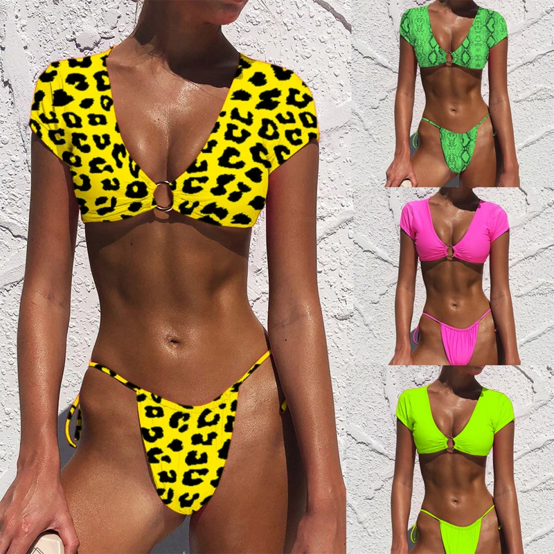 Kaufen Bikinx Sport bademode frauen badeanzug Sexy tanga bikini 2020 badenden Push up badeanzug weibliche leopard neon grünen bikini frau