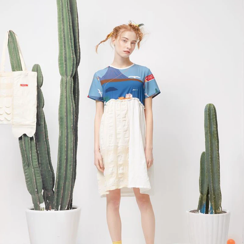 

2018 New Women Summer Loose Dresses Playful Pattern Print Chiffon Stitching Cotton O Neck Short Sleeve Pregnant Woman Dress