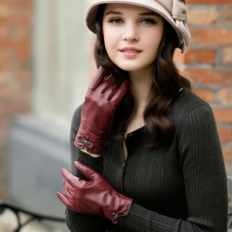 Genuine Leather Women Gloves Autumn Winter Plush Lined Keep Warm Bow Buckle High Quality Goatskin Female Mittens ZX52