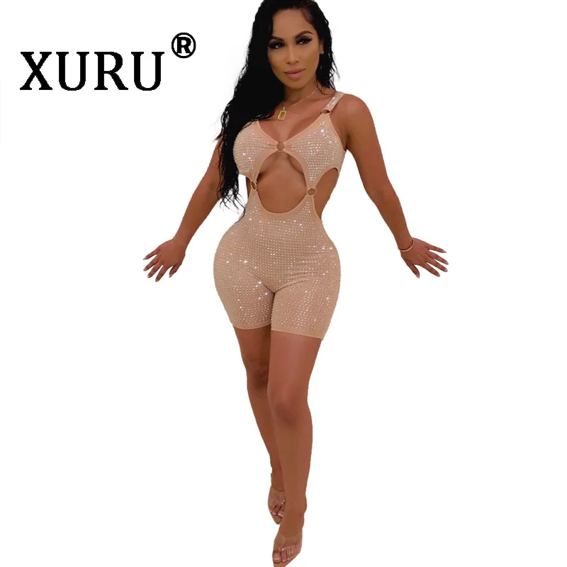 

XURU new fashion women's sexy jumpsuit nightclub hot drilling jumpsuit hollow sling tight bodysuit