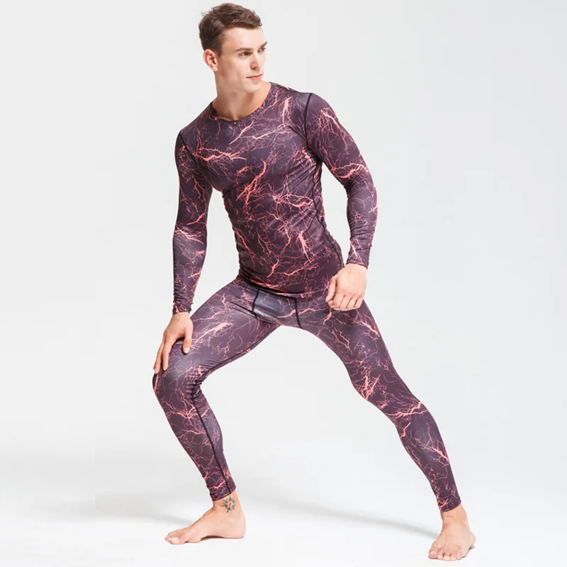 Мужской набор с длинным рукавом теплый комплект фитнес-Камуфляжный спортивный костюм Мужская компрессионная футболка для бега колготки