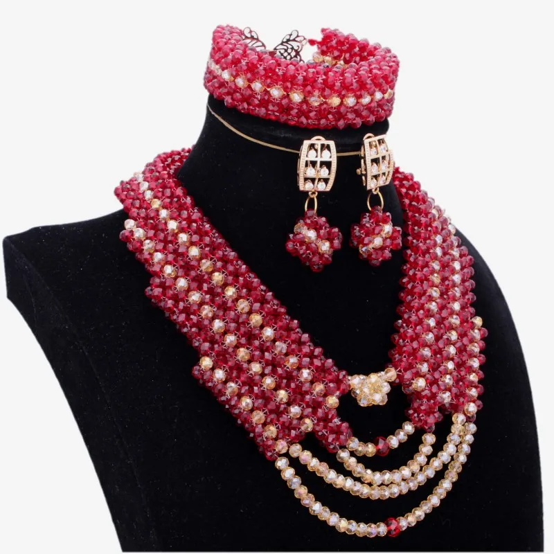 

4UJewelry Vintage Jewelry Set Wine & Gold Handmade Earrings Bracelet and Necklace Set Nigerian Beads African Wedding Jewelry Set