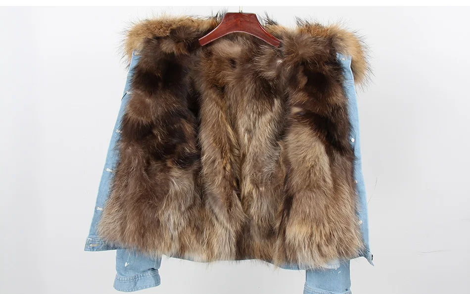 Maomaokong2018 new Natural raccoon fur detachable lining Real raccoon fur collar denim jacket Woman's hole cowboy Short coat