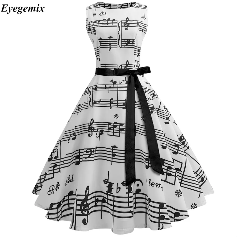 

New Music Note Print Musical Women Vintage Midi Dress Sleeveless O Neck Female Casual Swing Retro Dresses Vestido Robe Femme