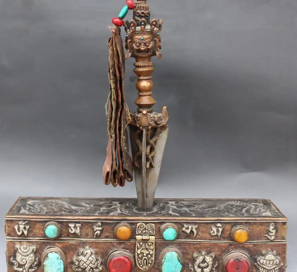 

Turquoise Coral Copper 8 Symbol Dragon Mahakala Buddha Ganesha Dagger Fa Qi Box