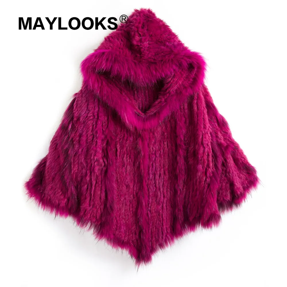

Real Knitted rabbit Shawl poncho stole with tassels shrug cape robe tippet wrap with raccoon fur collar women CS144
