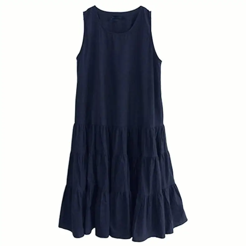 Летние платья из хлопка и льна в стиле пэчворк, однотонные, с круглым вырезом, без рукавов, повседневные, Boho, пляжные женские платья Vestidos размера плюс 5XL/7XL - Цвет: navy blue