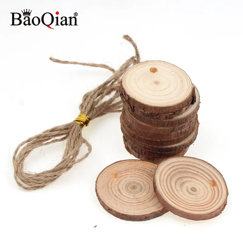 

3-9cm DIY Craft Natural Unfinished Predrilled Wood Slices Round Log Discs With Jute Twine Home Decoration Gift Tags