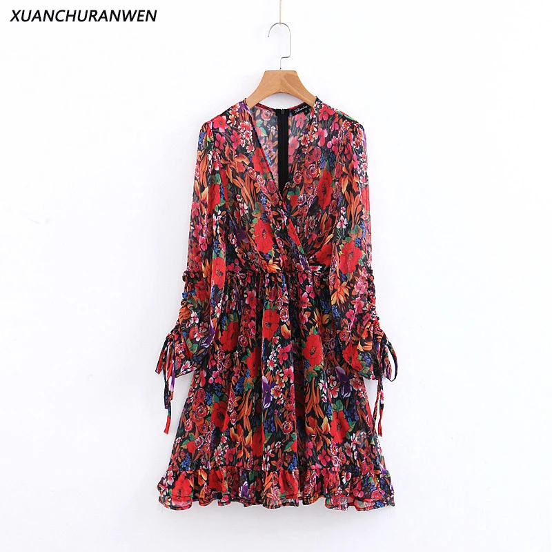 

New Fashion Floral Chiffon Dress Women Summer Spring Long Sleeve V neck Lace Up Pleated Slim Waist Vacation Dress DK8881
