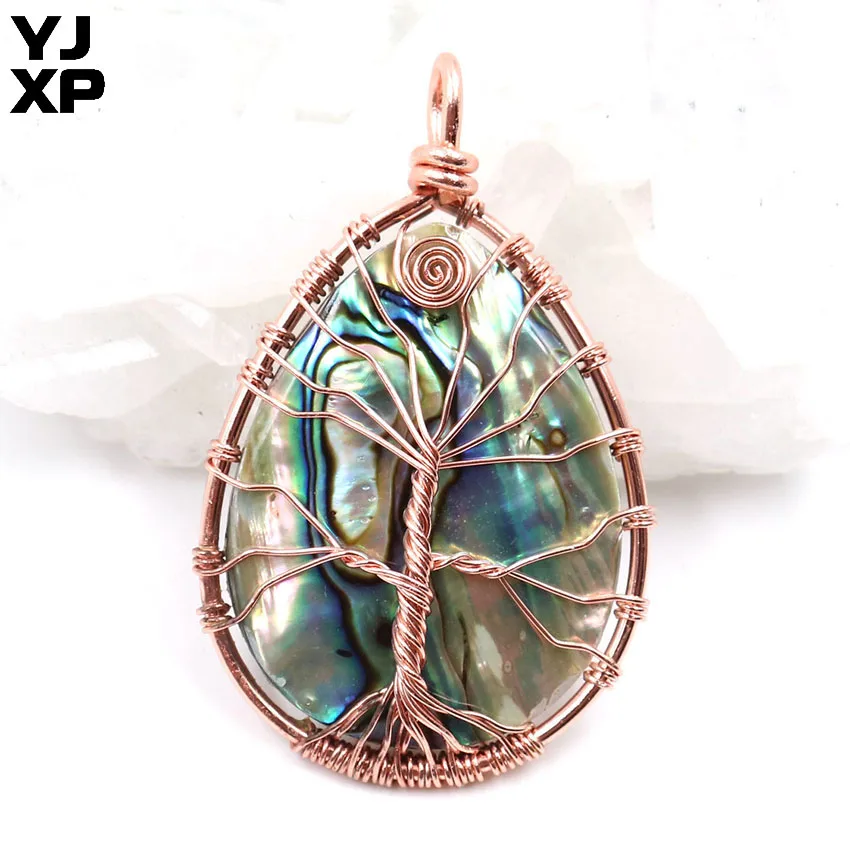 

YJXP Natural Abalone Shell Pendant Tree of Life Rose Gold wire wrapped Abalone Water Drop Pendant Fashion Charm Jewelry 1Pcs