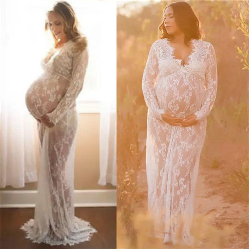 Pregnant Women Long Sleeveless Floral Lace Chiffon Lace-up Maternity Dress for Photo Shoot Photography Streetwear Black White