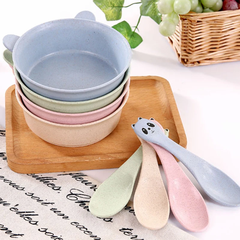 Creativity Lovely Straw Bowl Spoon Set Baby Dishes Fall Resistance Feeding Rice Tableware For Children | Мать и - Цена: 