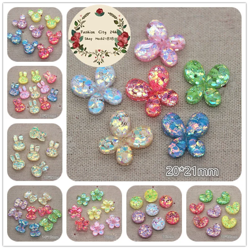 

20pcs Mix Colors Glitter Resin Mickey/Rabbit/Butterfly/flower/Heart/Bow Flatback Cabochons DIY hair bow center Dec