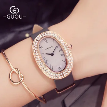 

2017 GUOU Brand Luxury Watches Women Rhinestone Oval dial Leather Band Quartz Wrist Watch Simple Waterproof Ladies Dress Watches