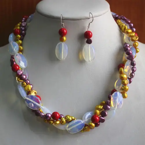 

huij 003984 Fashion3Rows Mixed Color Shell Pear/Crystal Earring Necklace Pendant Jewelry Set