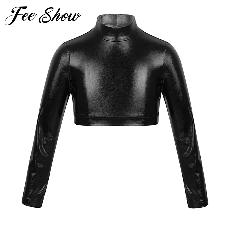 

Kids Teens Long Sleeves Glossy Metallic Crop Top for Girls Ballet Jazz Dance Stage Performance Workout Gymnastics Dance Wear