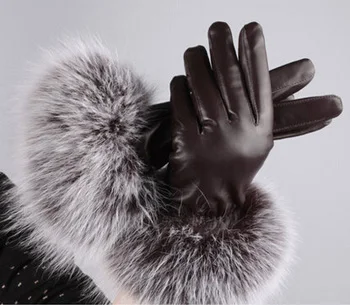 Женская новая партия Показать на осень-зиму прибыл высокого качества модные мягкие кожаные теплые толстые натуральным лисьим мехом Корея перчатки варежки - Цвет: Coffee