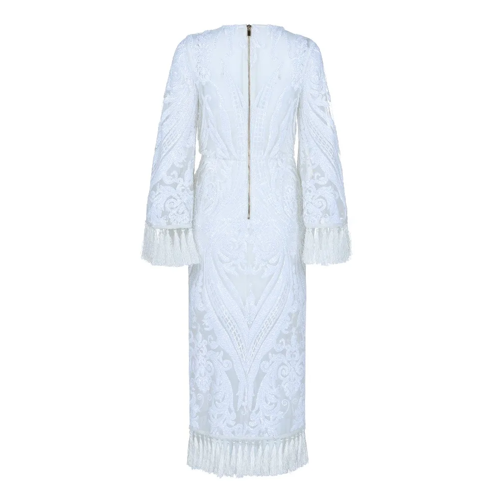 Halinfer 2018 New summer women dress sexy bodycon O-Neck tassel ankle-length dress chic celebrity party white dresses vestidos Halinfer 2018 New summer women dress sexy bodycon O-Neck tassel ankle-length dress chic celebrity party white dresses vestidos