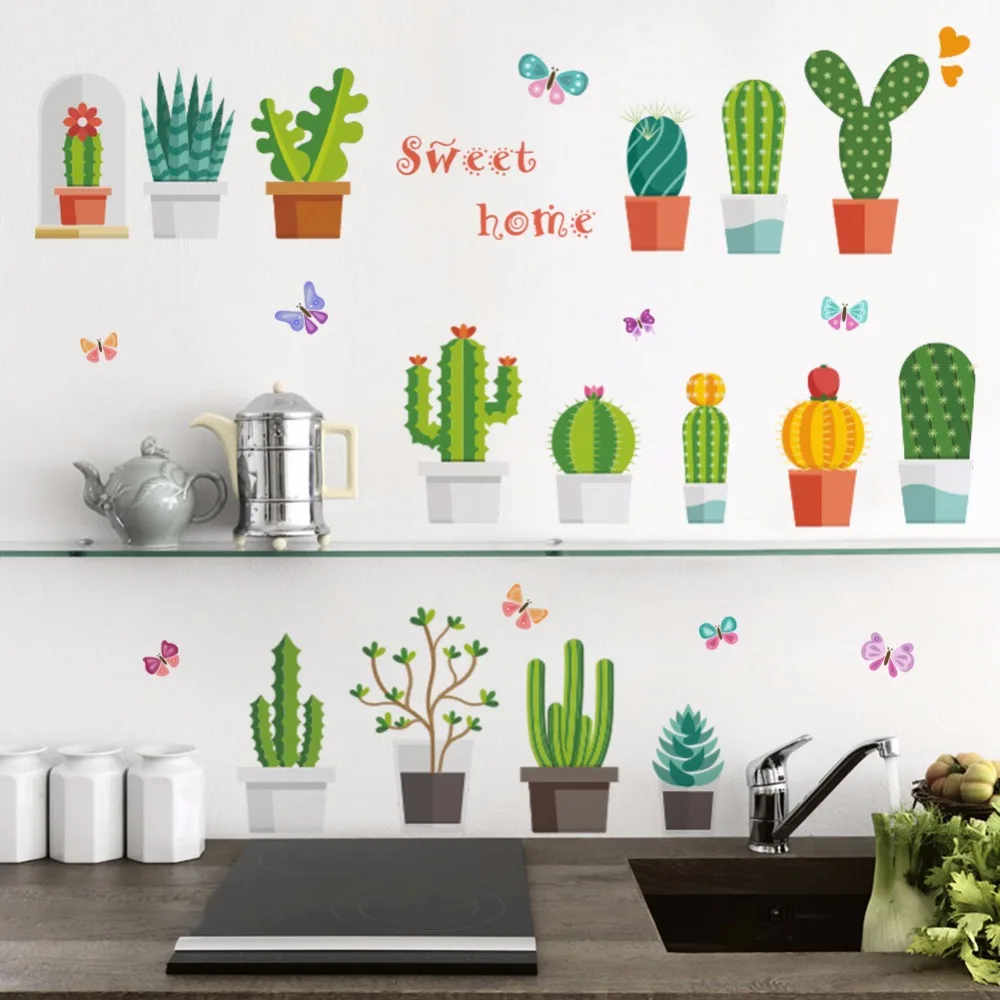 

% 3d vivid garden potted plants wall stickers nursery room window wardrobe kitchen decor flower butterfly kids room Prickly pear