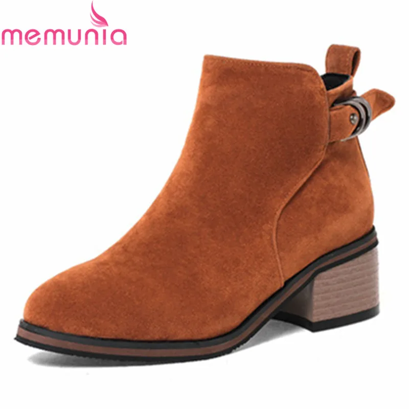 

MEMUNIA new arrival 2020 fashion boots round toe thick heels boots zip unique casual shoes flock women's ankle boots wholesale