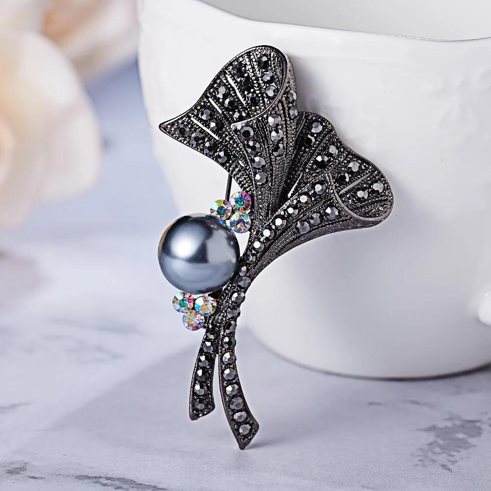 

Black Color Full Rhinestone Plant Brooches Leaf Pearl Branch Brooches for Women Large Brooch Pin Vintage Fashion Jewelry