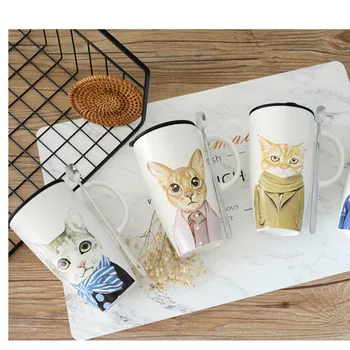 

Large Capacity Cartoon Cat Creative Ceramic Cup for Office Home Coffee Cups and Mugs with Lid and Spoon Cute Animal Couples Mug