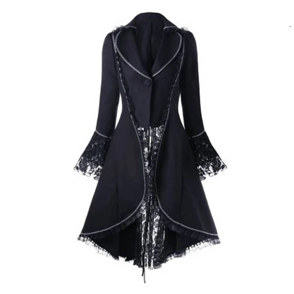 

Black Gothic Dress Jacket with Cape Vintage Turn-down Collar Lace Flare Sleeves Dresses Halloween Mysterious vampire Dress
