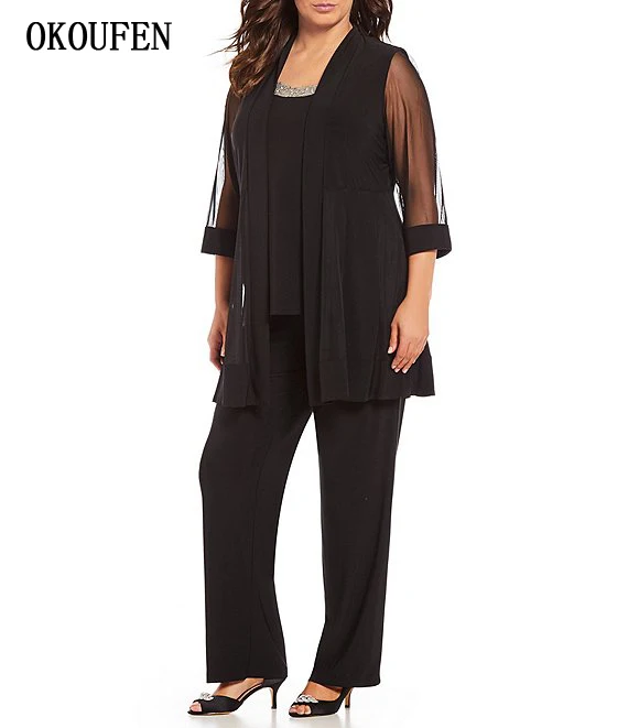 

Plus Size Mother of the Bride/groom Dresses for Wedding 2019 Beaded Neck Pant Suit 3 Pieces kurti vestido de madrinha farsali