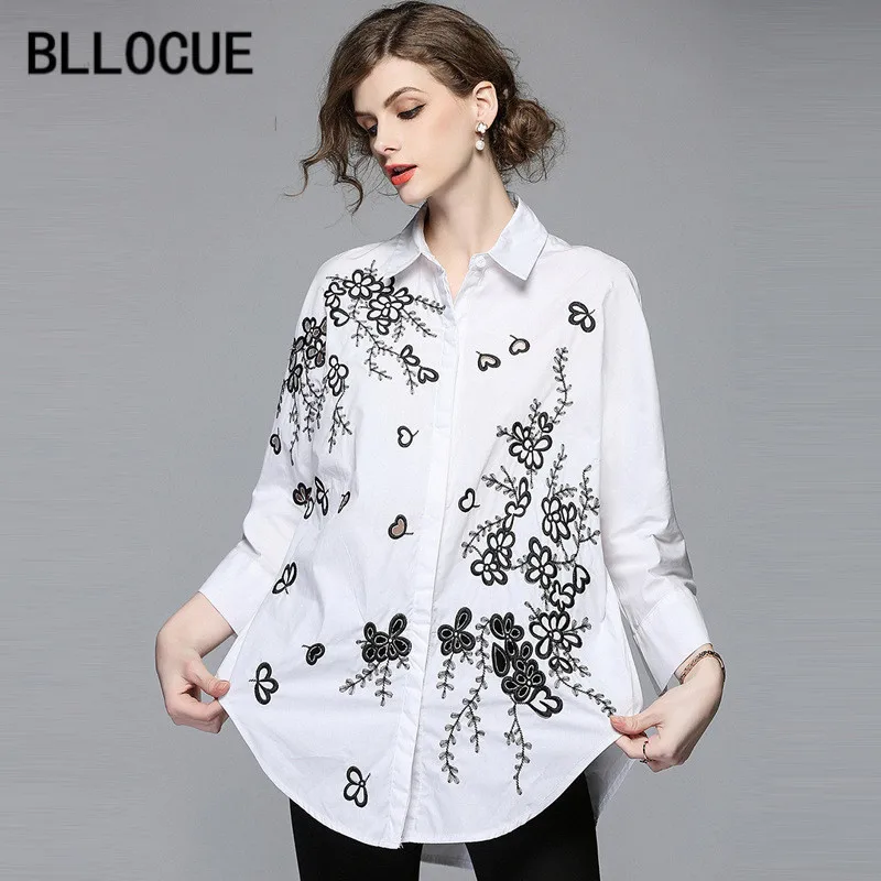 

BLLOCUE Runway Women Tops 2018 Spring Women's Flowers Embroidery Blouses Turn-down collar Femal Shirts Blouse