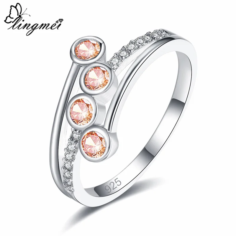 Lingmei Свадебная мода круглый вырез шампанское и розовый белый кубический циркон серебряное кольцо размеры 6 7 8 9 для женщин подарки на Рождество - Цвет основного камня: Оранжевый