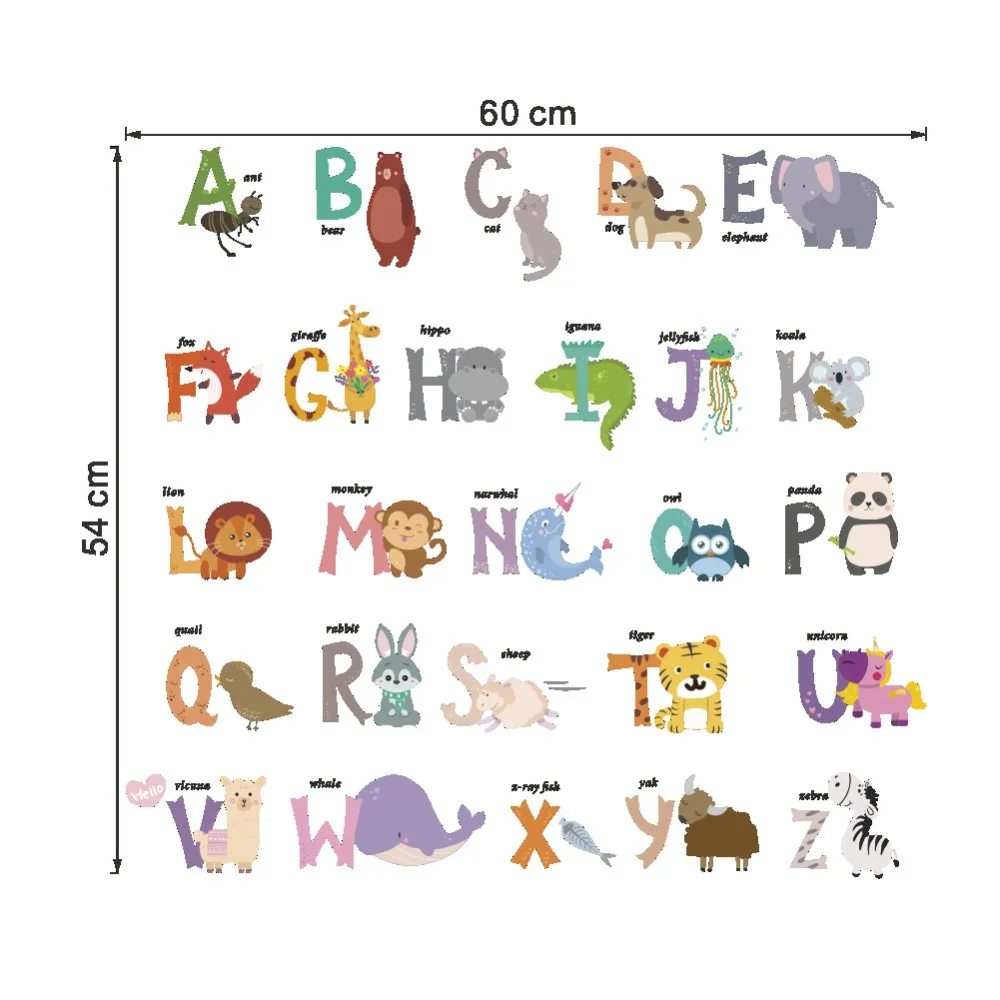 Мультяшные джунгли, дикие 26 букв, алфавит, животные, наклейки на стену для детской комнаты, домашний декор, Детская Наклейка на стену, плакат, фреска
