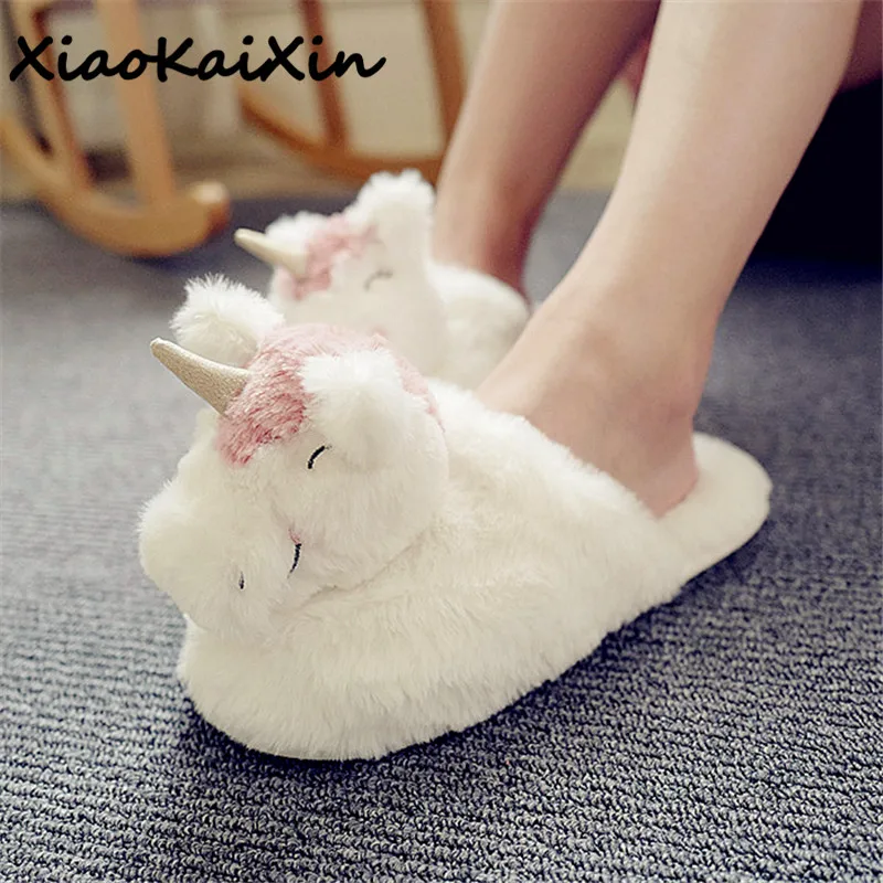 

XiaoKaiXin pantufa unicornio Winter Cartoon Unicorn Slippers Women Warm Plush Indoor White House Shoes chausson licorne femme