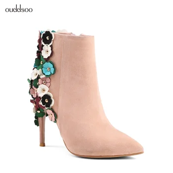 

2019 Genuine Leather Fashion Shoes Flower Pink Super High Heel Ankle Boots For Women Thin Heels Winter Boots Ladies Elegant Zip