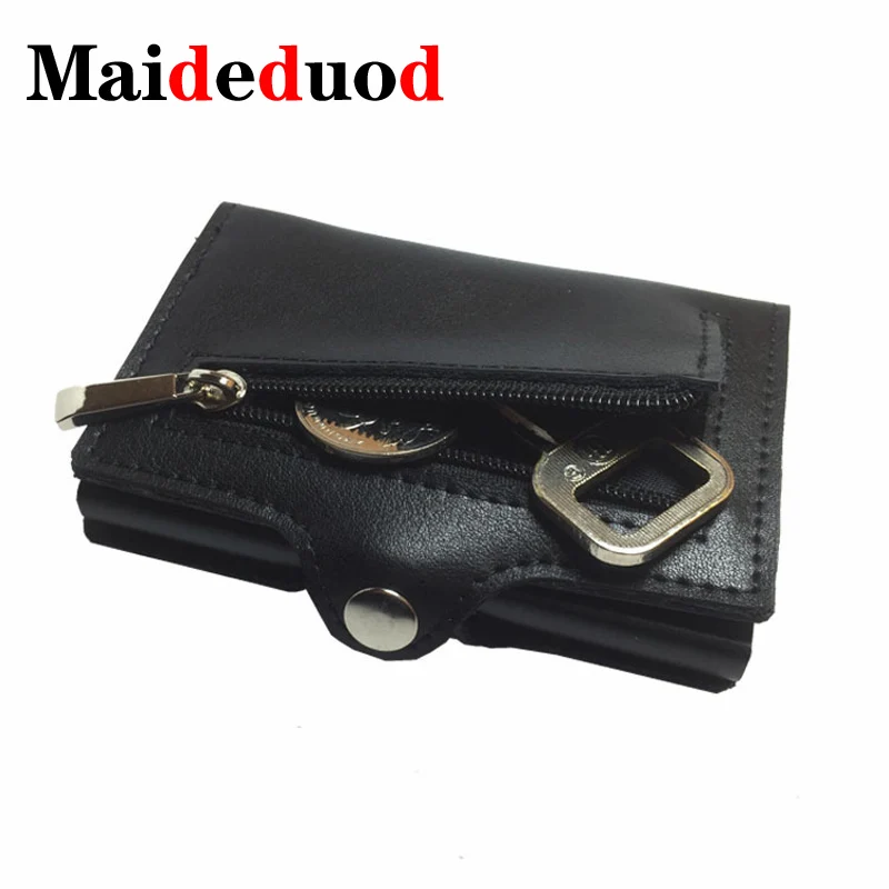 

Genuine Leather Men Aluminum Wallet Back Pocket ID Card holder RFID Blocking Mini Magic Wallet Automatic Credit Card Coin Purse