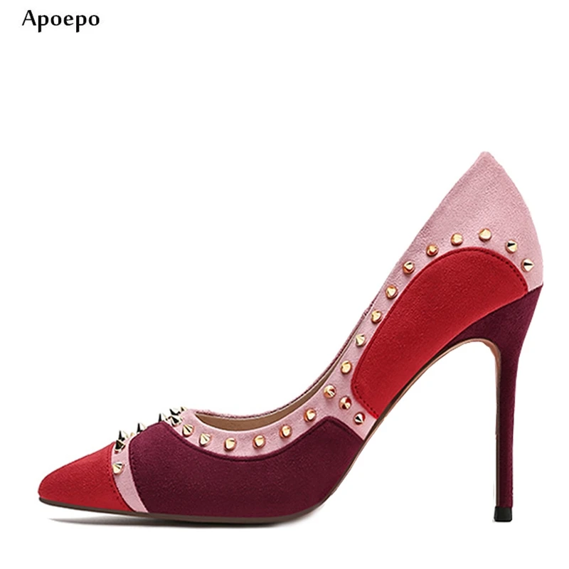 

New Newest Mixed Colors Suede High Heel Shoes 2018 Sexy Pointed Toe Rivets Studded Woman Pumps Thin Heels Dress Shoes